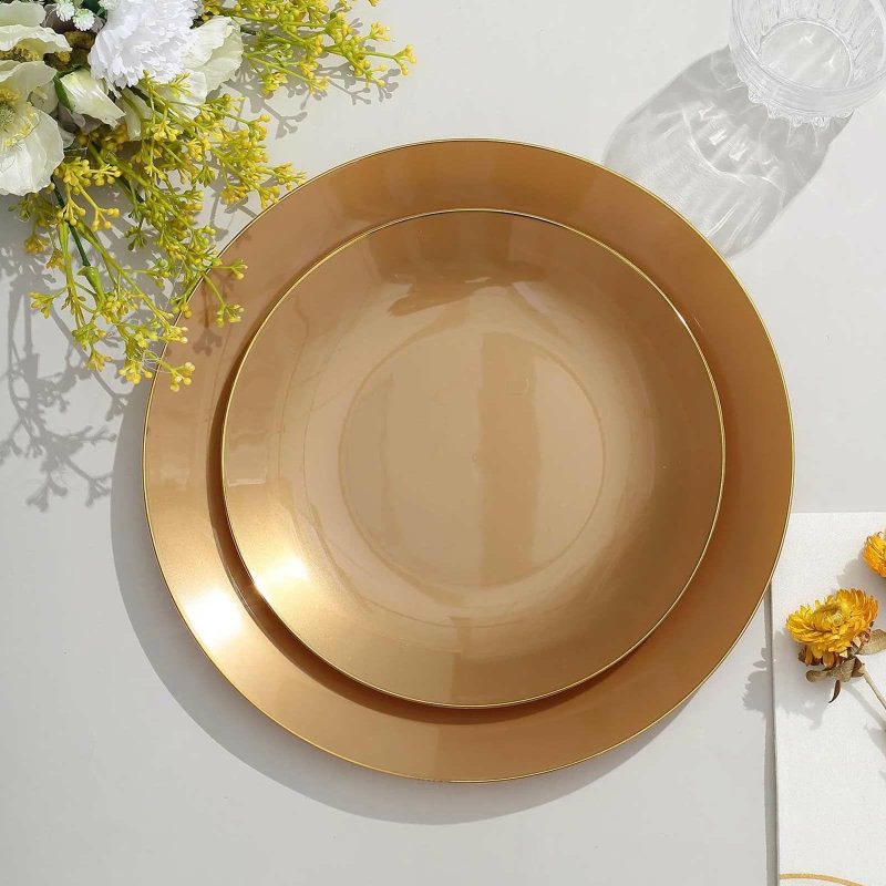 10 Pack Gold Round Plastic Dessert Plates With Gold Rim, Disposable Appetizer Salad Party Plates 8″  |   Disposable Salad/Dessert Plates Disposable Plates Disposable Salad/Dessert Plates