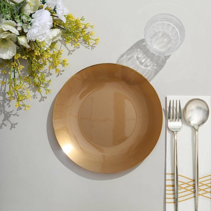 10 Pack Gold Round Plastic Dessert Plates With Gold Rim, Disposable Appetizer Salad Party Plates 8″  |   Disposable Salad/Dessert Plates Disposable Plates Disposable Salad/Dessert Plates