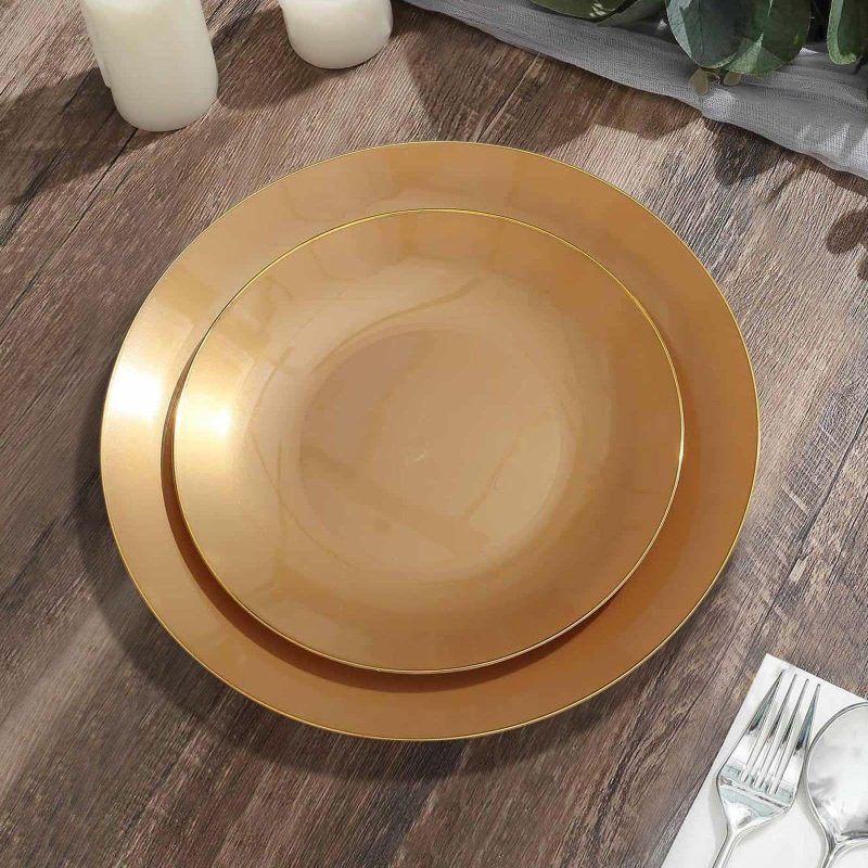 10 Pack Gold Round Plastic Dessert Plates With Gold Rim, Disposable Appetizer Salad Party Plates 8″  |   Disposable Salad/Dessert Plates Disposable Plates Disposable Salad/Dessert Plates