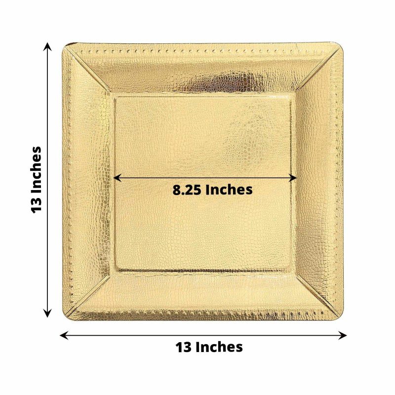 10 Pack Gold Textured Disposable Square Serving Trays, Leather Like Cardboard Charger Plates 1100 GSM 13″  |   Paper Chargers & Trays Paper Chargers & Trays Gold