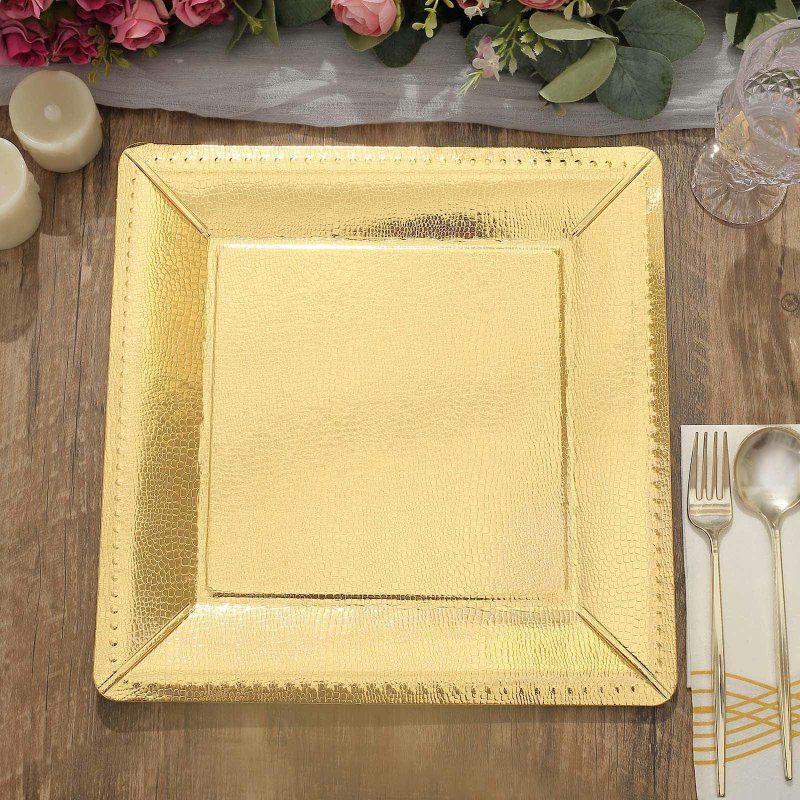 10 Pack Gold Textured Disposable Square Serving Trays, Leather Like Cardboard Charger Plates 1100 GSM 13″  |   Paper Chargers & Trays Paper Chargers & Trays Gold