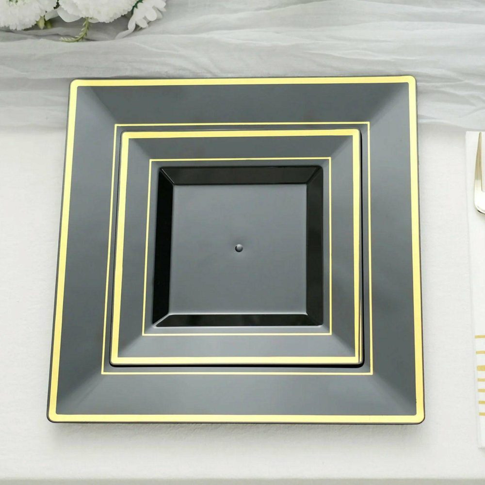 10 Pack Gold Trim Black Square Plastic Salad Dessert Plates 7″  |   Disposable Salad/Dessert Plates Disposable Plates Black/Gold