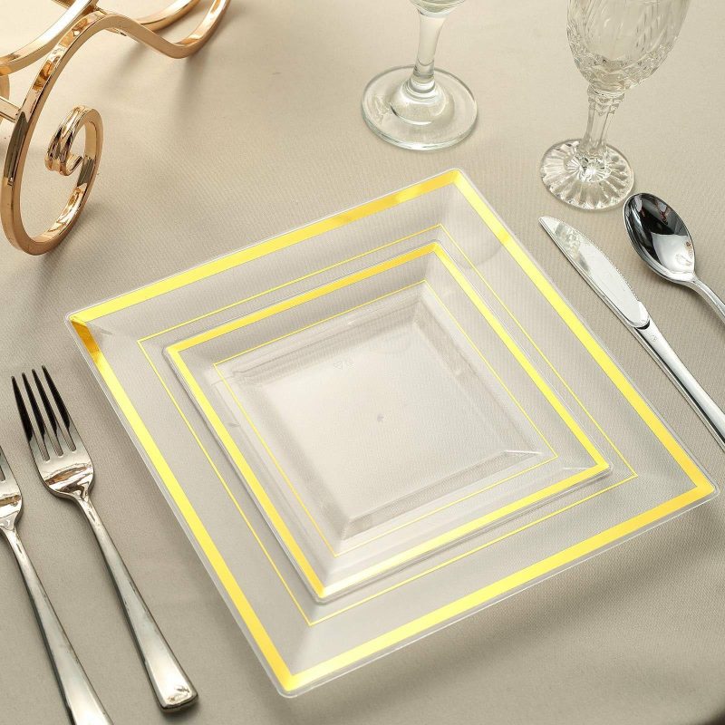 10 Pack Gold Trim Clear Plastic Square Dessert Plates, Disposable Appetizer Salad Plates 7″  |   Disposable Salad/Dessert Plates Disposable Plates Clear/Gold