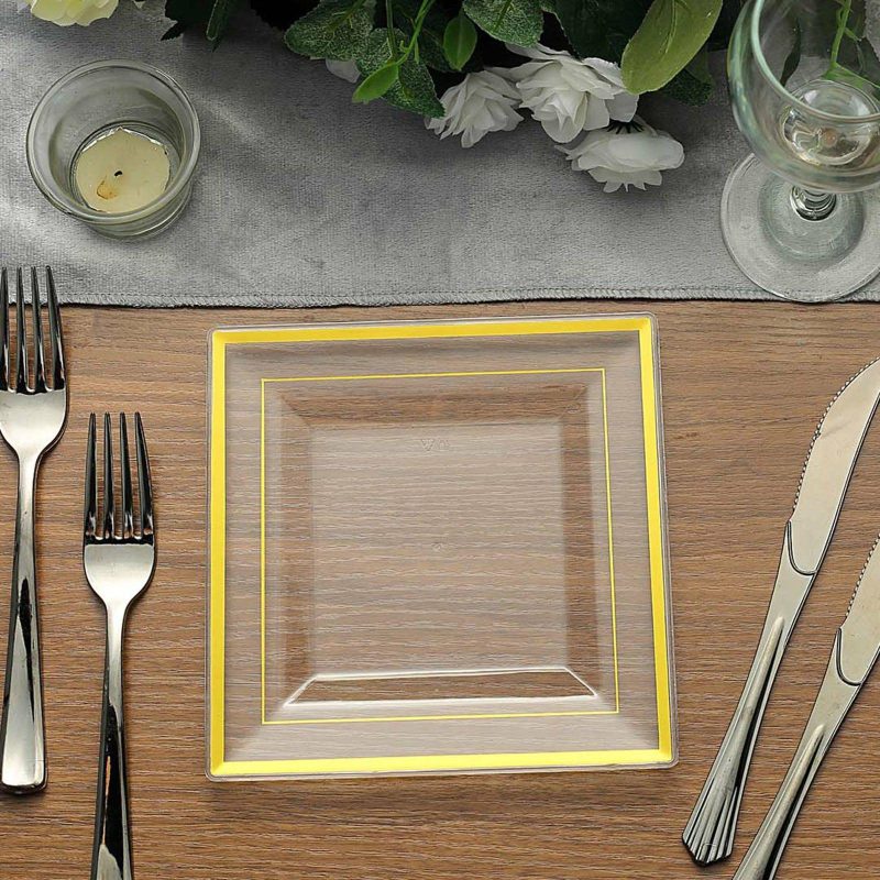 10 Pack Gold Trim Clear Plastic Square Dessert Plates, Disposable Appetizer Salad Plates 7″  |   Disposable Salad/Dessert Plates Disposable Plates Clear/Gold