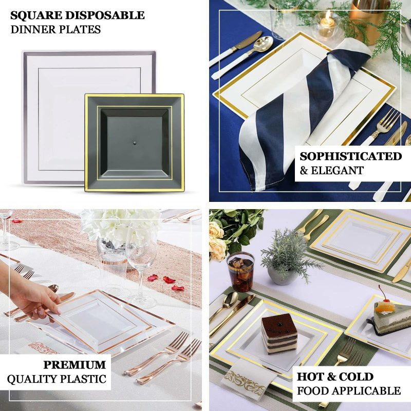 10 Pack Gold Trim Clear Plastic Square Dessert Plates, Disposable Appetizer Salad Plates 7″  |   Disposable Salad/Dessert Plates Disposable Plates Clear/Gold