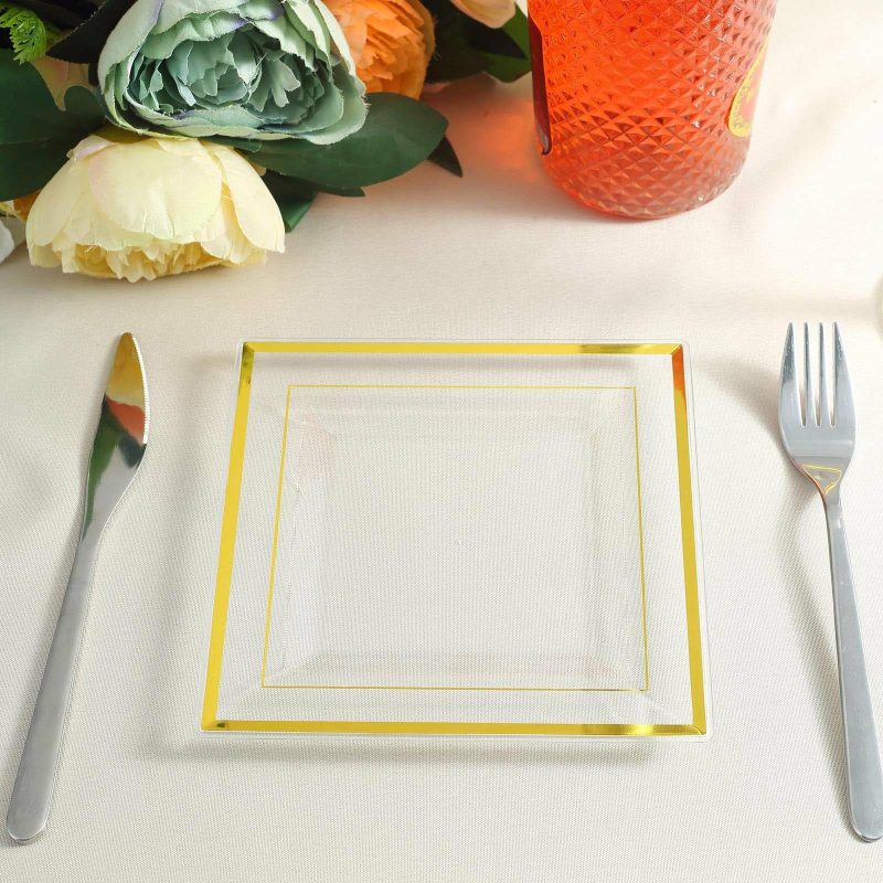 10 Pack Gold Trim Clear Plastic Square Dessert Plates, Disposable Appetizer Salad Plates 7″  |   Disposable Salad/Dessert Plates Disposable Plates Clear/Gold