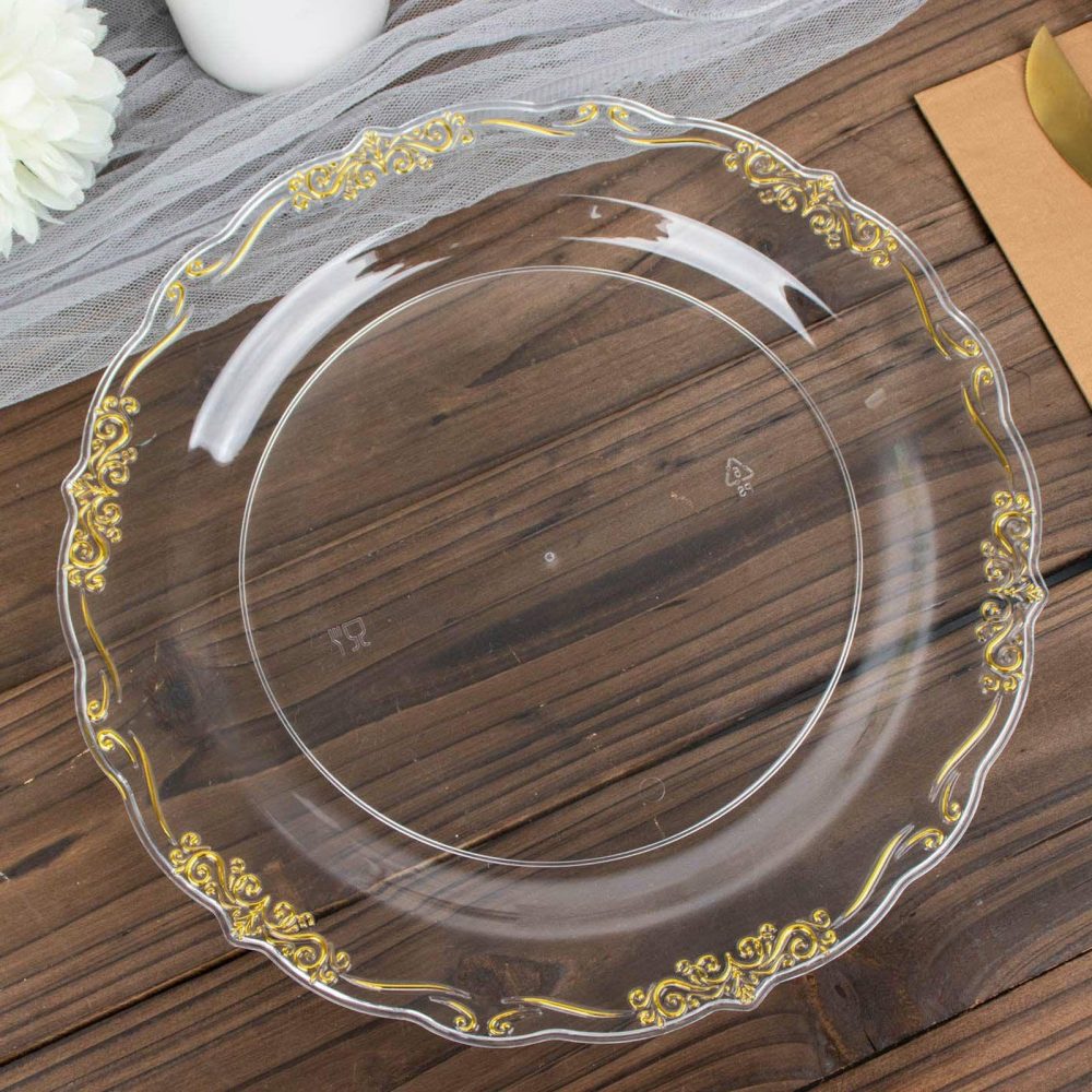 10 Pack Gold Vintage Rim Clear Hard Plastic Dinner Plates With Embossed Scalloped Edges, Disposable Party Plates 10″  |   Disposable Dinner Plates Disposable Dinner Plates Clear