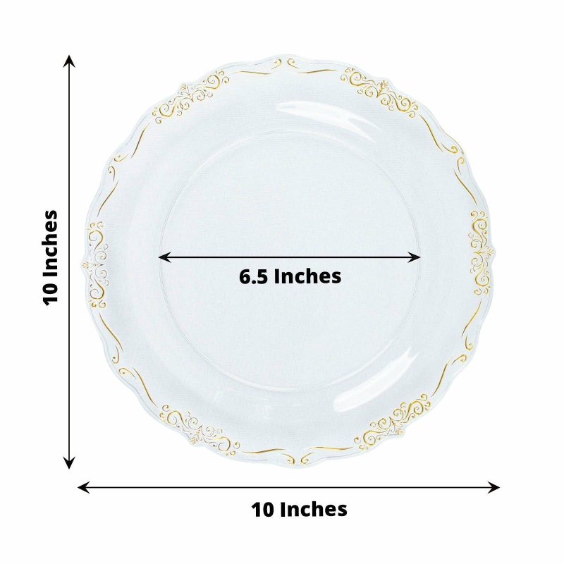 10 Pack Gold Vintage Rim Clear Hard Plastic Dinner Plates With Embossed Scalloped Edges, Disposable Party Plates 10″  |   Disposable Dinner Plates Disposable Dinner Plates Clear