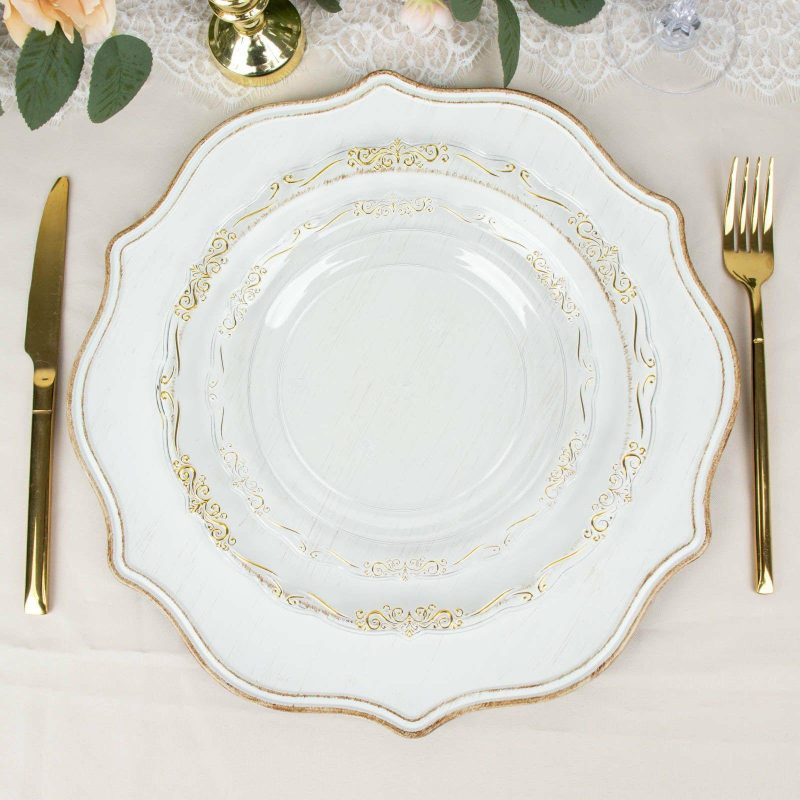 10 Pack Gold Vintage Rim Clear Hard Plastic Dinner Plates With Embossed Scalloped Edges, Disposable Party Plates 10″  |   Disposable Dinner Plates Disposable Dinner Plates Clear