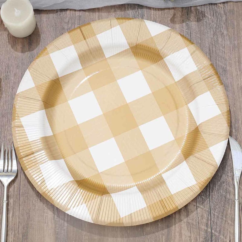 10 Pack Gold / White Buffalo Plaid Disposable Serving Trays, Round Checkered Sunray Cardboard Charger Plates 350 GSM 13″  |   Paper Chargers & Trays Paper Chargers & Trays Gold/White