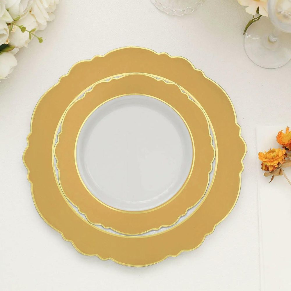 10 Pack Gold / White Plastic Dessert Plates With Round Blossom Design, Disposable Salad Appetizer Plates With Gold Rim 8″  |   Disposable Salad/Dessert Plates Disposable Plates Disposable Salad/Dessert Plates