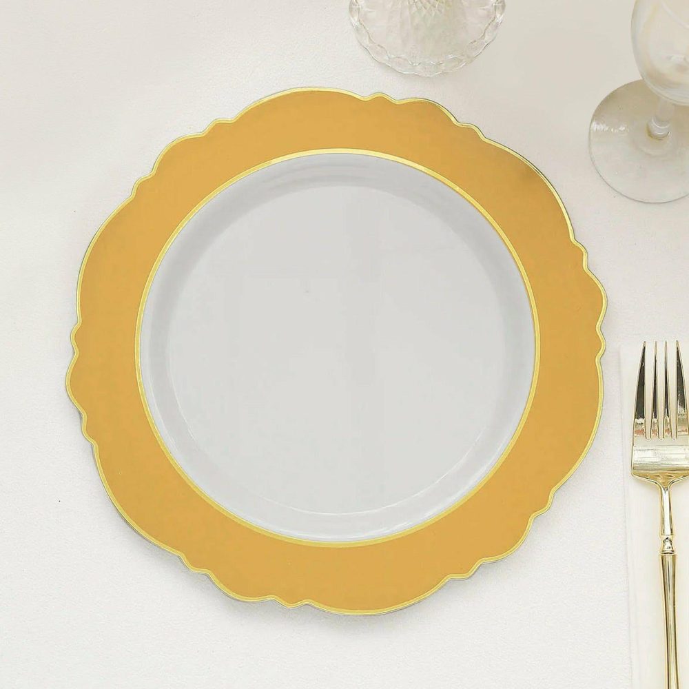 10 Pack Gold / White Plastic Party Plates With Round Blossom Design, Disposable Dinner Plates With Gold Rim 10″  |   Disposable Dinner Plates Disposable Dinner Plates Disposable Dinner Plates