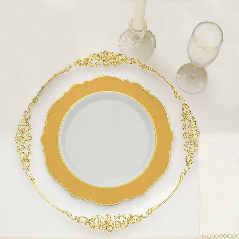 10 Pack Gold / White Plastic Party Plates With Round Blossom Design, Disposable Dinner Plates With Gold Rim 10″  |   Disposable Dinner Plates Disposable Dinner Plates Disposable Dinner Plates