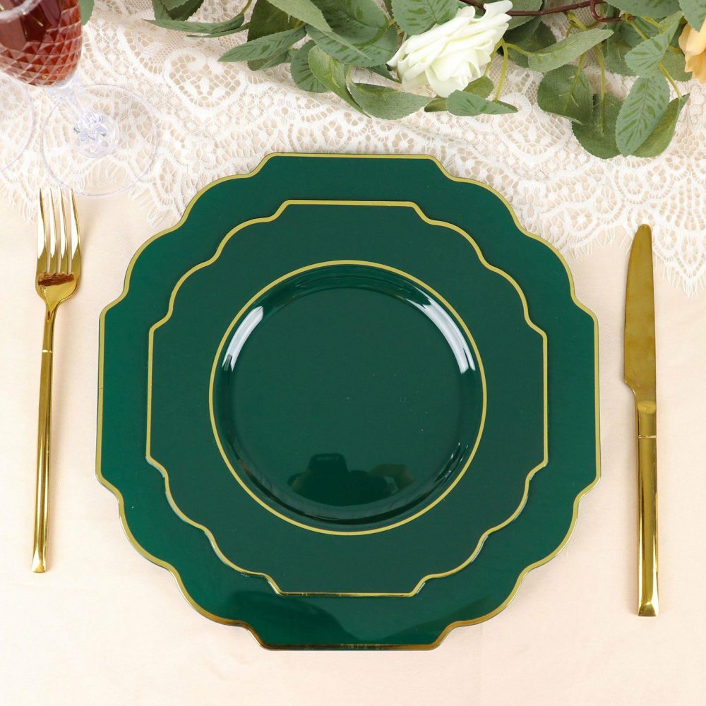 10 Pack Hunter Emerald Green Hard Plastic Dessert Appetizer Plates, Disposable Tableware, Baroque Heavy Duty Salad Plates with Gold Rim 8″  |   Disposable Salad/Dessert Plates Disposable Plates Disposable Salad/Dessert Plates