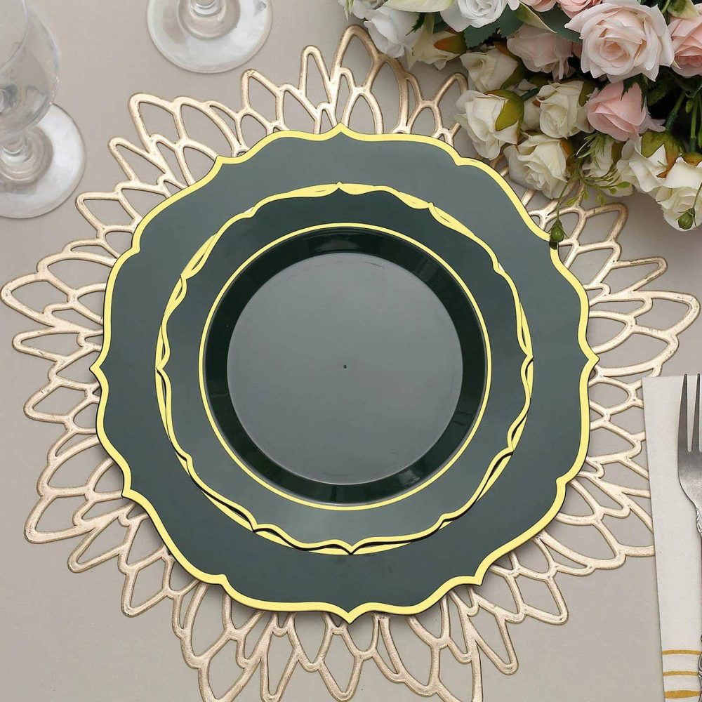 10 Pack Hunter Emerald Green Plastic Dessert Salad Plates, Disposable Tableware Round With Gold Scalloped Rim 8″  |   Disposable Salad/Dessert Plates Disposable Plates Disposable Salad/Dessert Plates