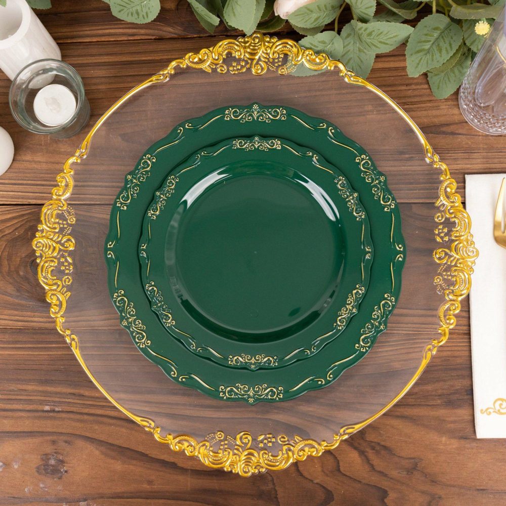 10 Pack Hunter Emerald Green With Gold Vintage Rim Hard Plastic Dessert Plates With Embossed Scalloped Edges, Disposable Salad Plates 7″  |   Disposable Salad/Dessert Plates Disposable Plates Disposable Salad/Dessert Plates