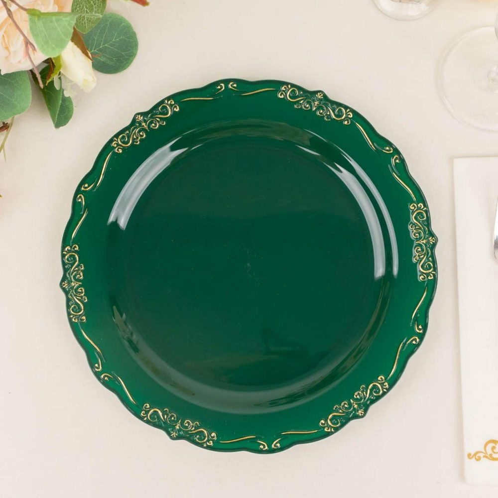 10 Pack Hunter Emerald Green With Gold Vintage Rim Hard Plastic Dinner Plates With Embossed Scalloped Edges, Disposable Party Plates 10″  |   Disposable Dinner Plates Disposable Dinner Plates Disposable Dinner Plates