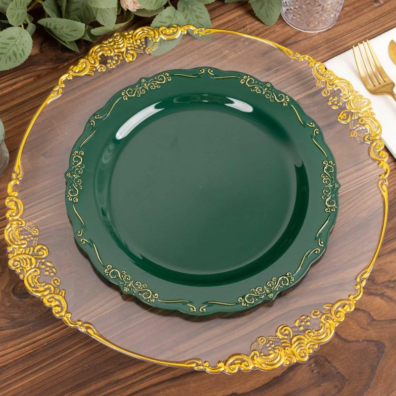 10 Pack Hunter Emerald Green With Gold Vintage Rim Hard Plastic Dinner Plates With Embossed Scalloped Edges, Disposable Party Plates 10″  |   Disposable Dinner Plates Disposable Dinner Plates Disposable Dinner Plates