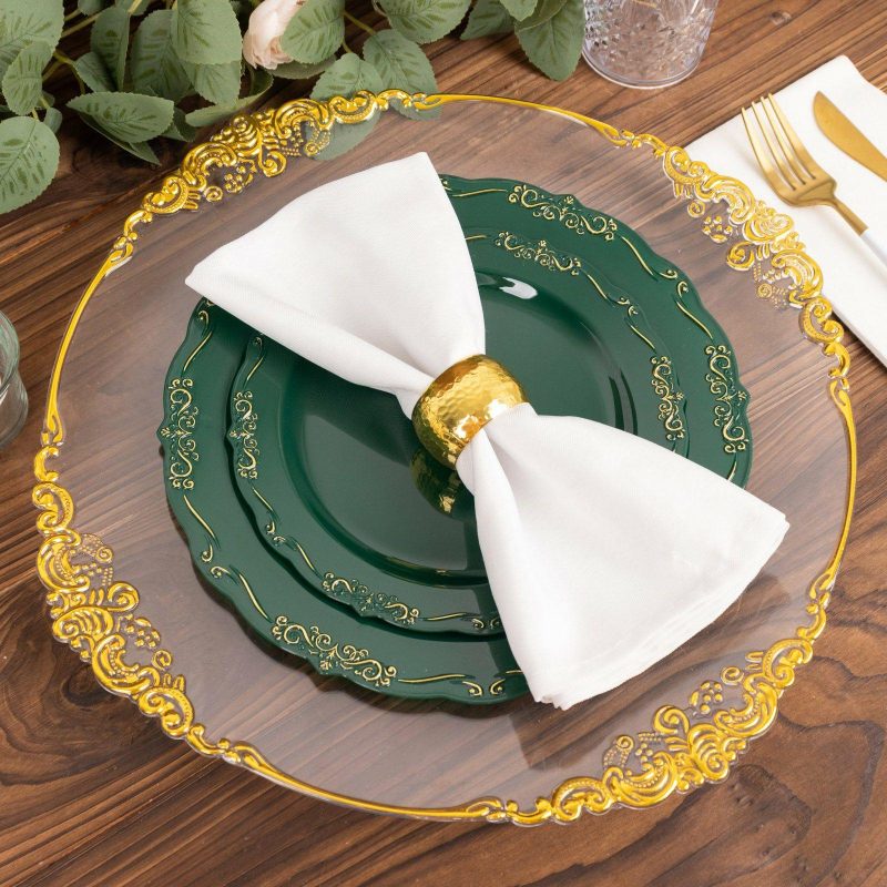 10 Pack Hunter Emerald Green With Gold Vintage Rim Hard Plastic Dinner Plates With Embossed Scalloped Edges, Disposable Party Plates 10″  |   Disposable Dinner Plates Disposable Dinner Plates Disposable Dinner Plates