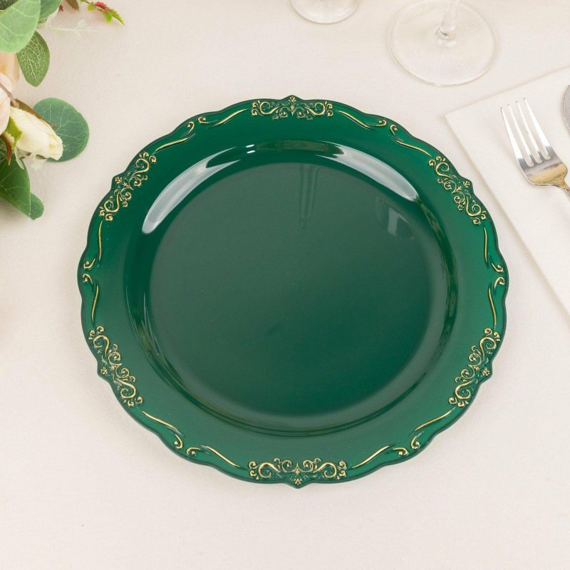 10 Pack Hunter Emerald Green With Gold Vintage Rim Hard Plastic Dinner Plates With Embossed Scalloped Edges, Disposable Party Plates 10″  |   Disposable Dinner Plates Disposable Dinner Plates Disposable Dinner Plates