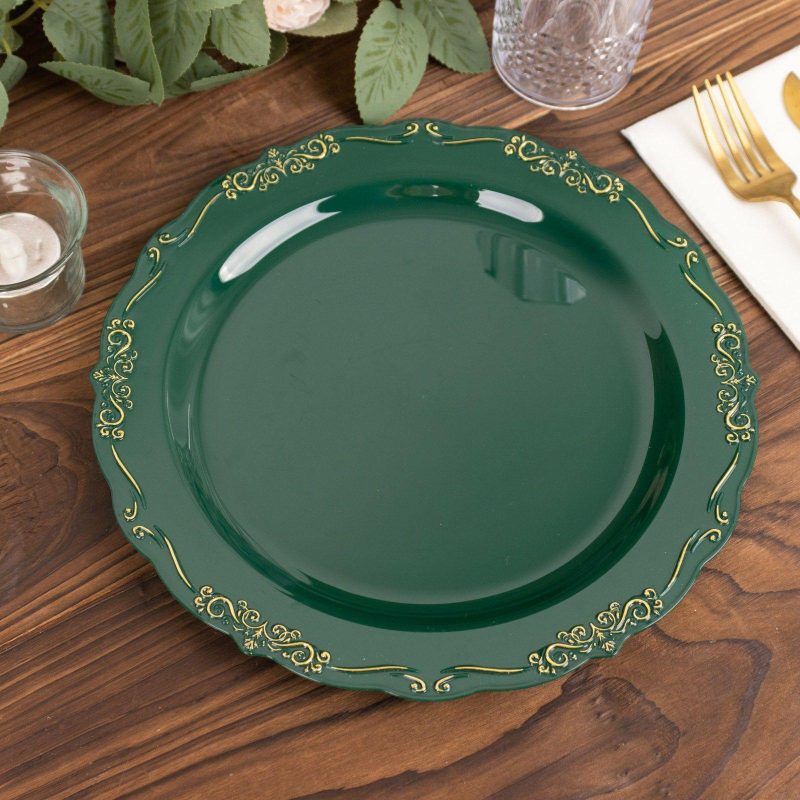 10 Pack Hunter Emerald Green With Gold Vintage Rim Hard Plastic Dinner Plates With Embossed Scalloped Edges, Disposable Party Plates 10″  |   Disposable Dinner Plates Disposable Dinner Plates Disposable Dinner Plates