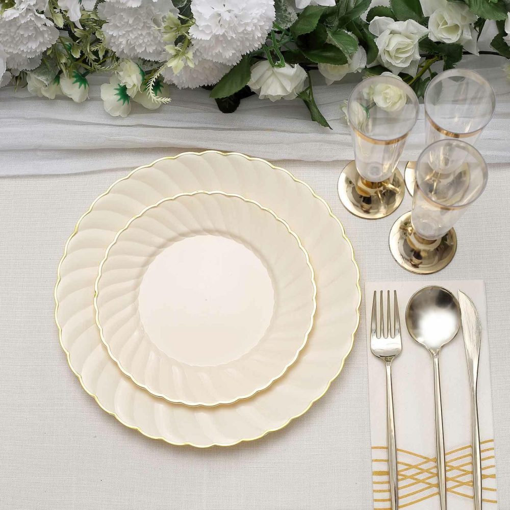 10 Pack Ivory / Gold Flair Rim Plastic Dessert Appetizer Plates, Round Disposable Salad Plates 7.5″  |   Disposable Salad/Dessert Plates Disposable Plates Disposable Salad/Dessert Plates