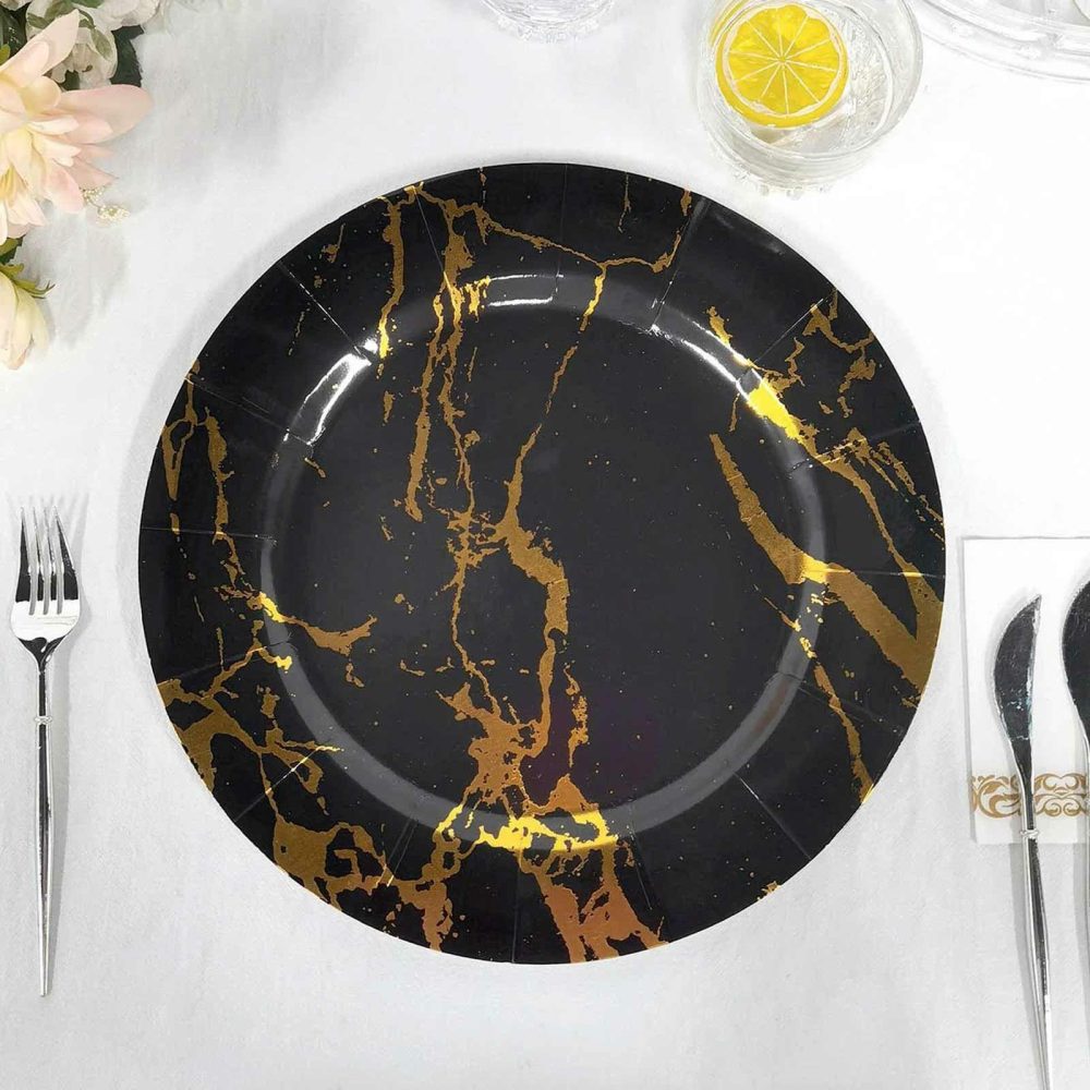 10 Pack Marble Disposable Charger Plates, Cardboard Serving Tray, Round with Leathery Texture – Black/Gold 1100 GSM 13″  |   Eco-Friendly & Paper Plates Disposable Plates Eco-Friendly & Paper Plates