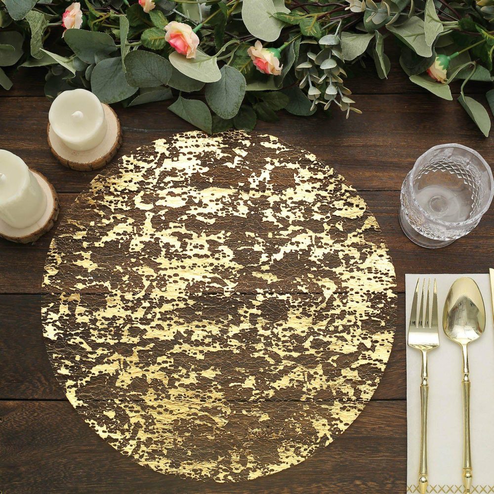 10 Pack Metallic Gold Foil Mesh Table Placemats, Disposable Round Shiny Dining Mats 13″  |   Reusable Placemats Charger Plates Metallic Gold