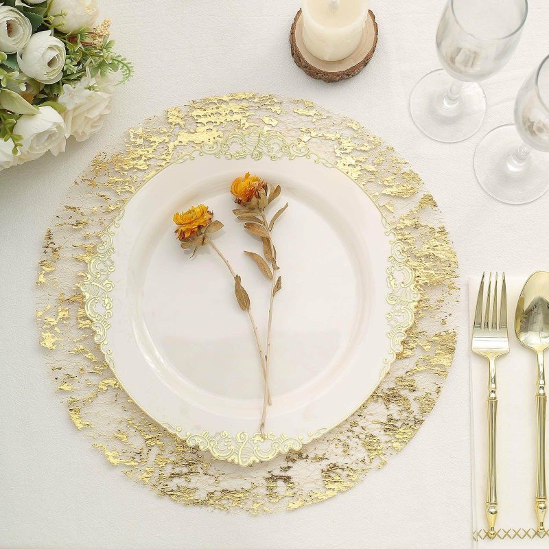 10 Pack Metallic Gold Foil Mesh Table Placemats, Disposable Round Shiny Dining Mats 13″  |   Reusable Placemats Charger Plates Metallic Gold