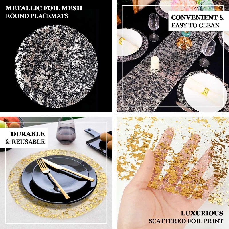 10 Pack Metallic Gold Foil Mesh Table Placemats, Disposable Round Shiny Dining Mats 13″  |   Reusable Placemats Charger Plates Metallic Gold