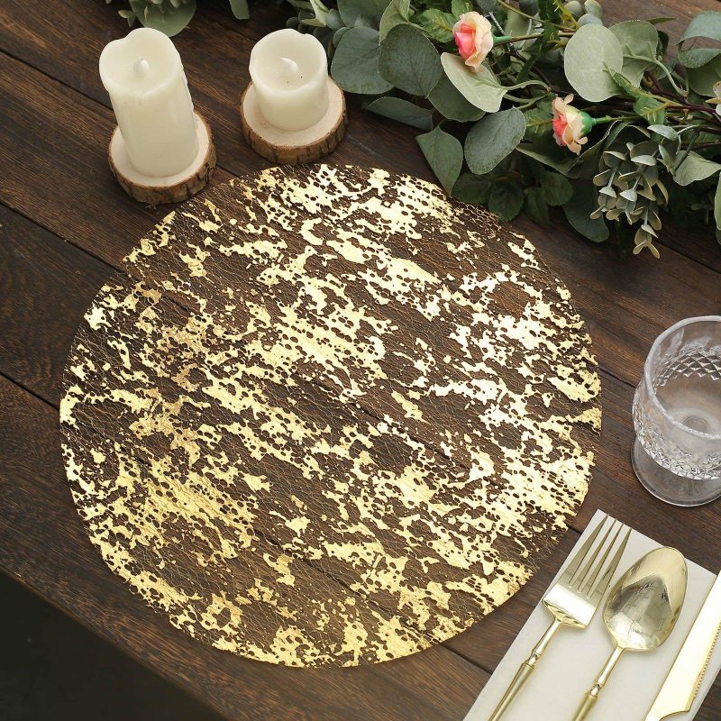 10 Pack Metallic Gold Foil Mesh Table Placemats, Disposable Round Shiny Dining Mats 13″  |   Reusable Placemats Charger Plates Metallic Gold