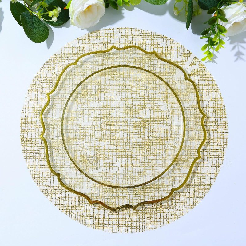 10 Pack Metallic Gold Glitter Mesh Round Placemats, 13″ Polyester Dining Table Mats  |   Reusable Placemats Charger Plates Metallic Gold