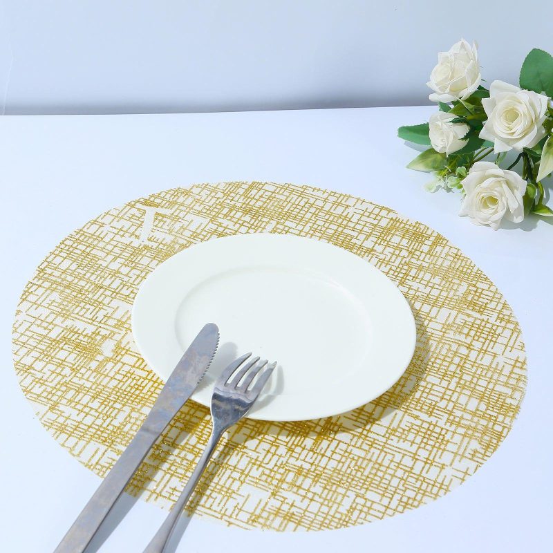 10 Pack Metallic Gold Glitter Mesh Round Placemats, 13″ Polyester Dining Table Mats  |   Reusable Placemats Charger Plates Metallic Gold