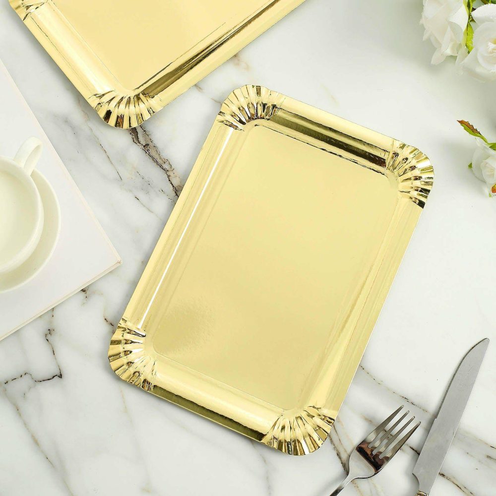 10 Pack Metallic Gold Paper Cardboard Serving Trays, Rectangle Party Platters With Scalloped Rim 400 GSM 9″  |   Eco-Friendly & Paper Plates Disposable Plates Eco-Friendly & Paper Plates