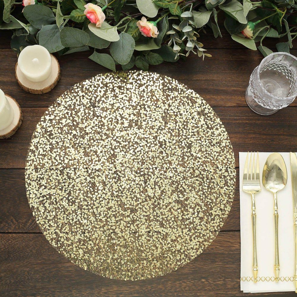 10 Pack Metallic Gold Sequin Mesh Table Placemats, Round Sparkly Dust Free Sequin Dining Mats 13″  |   Reusable Placemats Charger Plates Metallic Gold