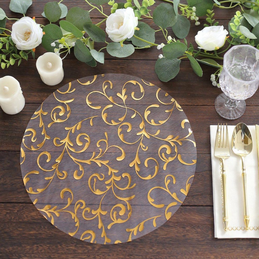 10 Pack Metallic Gold Sheer Organza Round Placemats with Embossed Foil Flower Design, 13″ Disposable Dining Table Mats  |   Reusable Placemats Charger Plates Metallic Gold