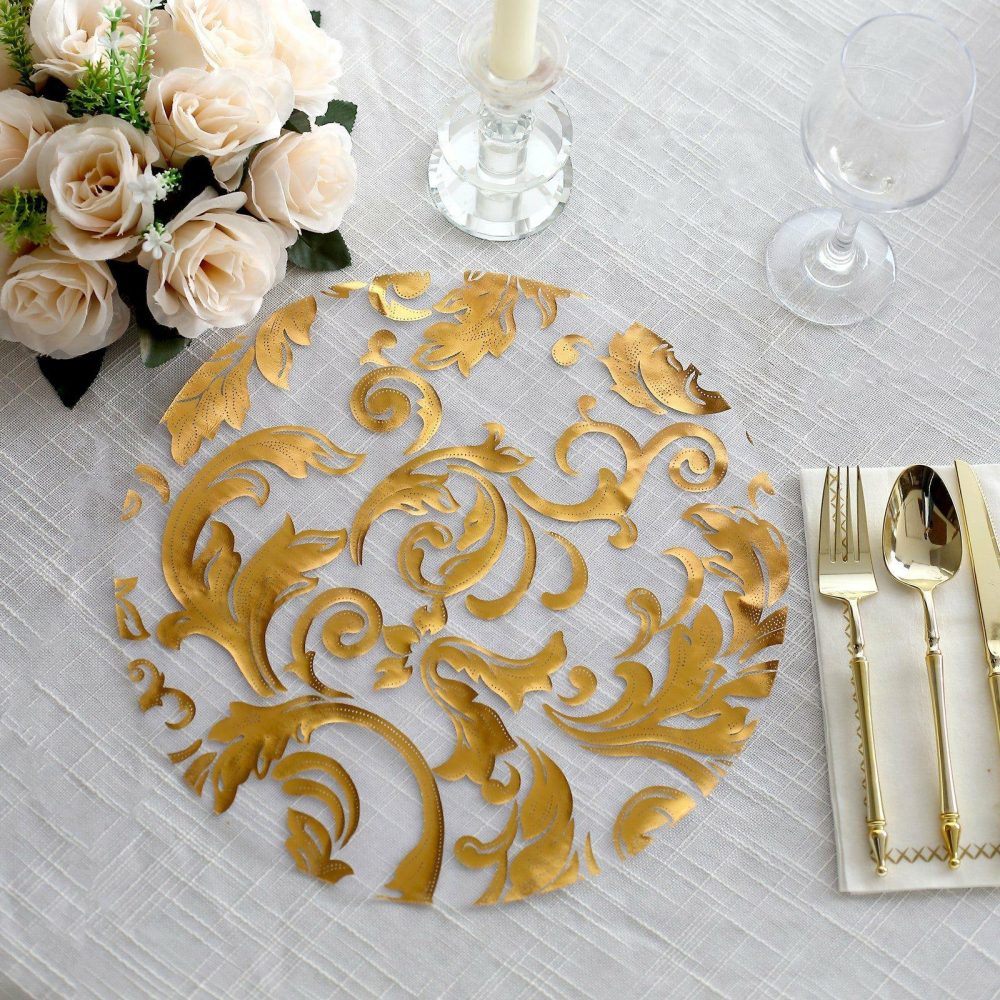 10 Pack Metallic Gold Sheer Organza Round Placemats with Swirl Foil Floral Design, 13″ Disposable Dining Table Mats  |   Reusable Placemats Charger Plates Metallic Gold