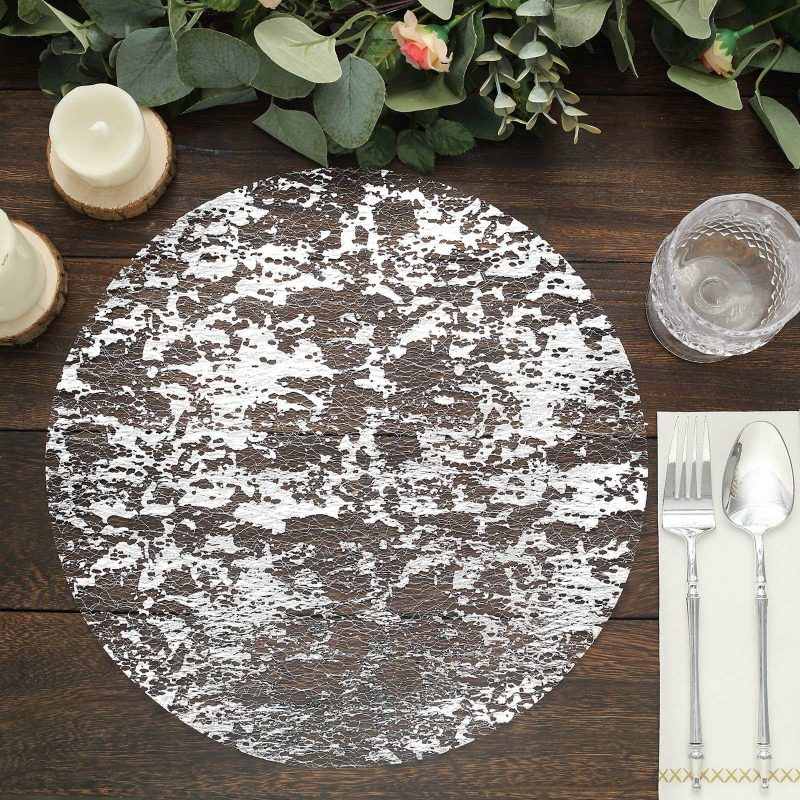 10 Pack Metallic Silver Foil Mesh Table Placemats, Disposable Round Shiny Dining Mats 13″  |   Reusable Placemats Charger Plates Metallic Silver