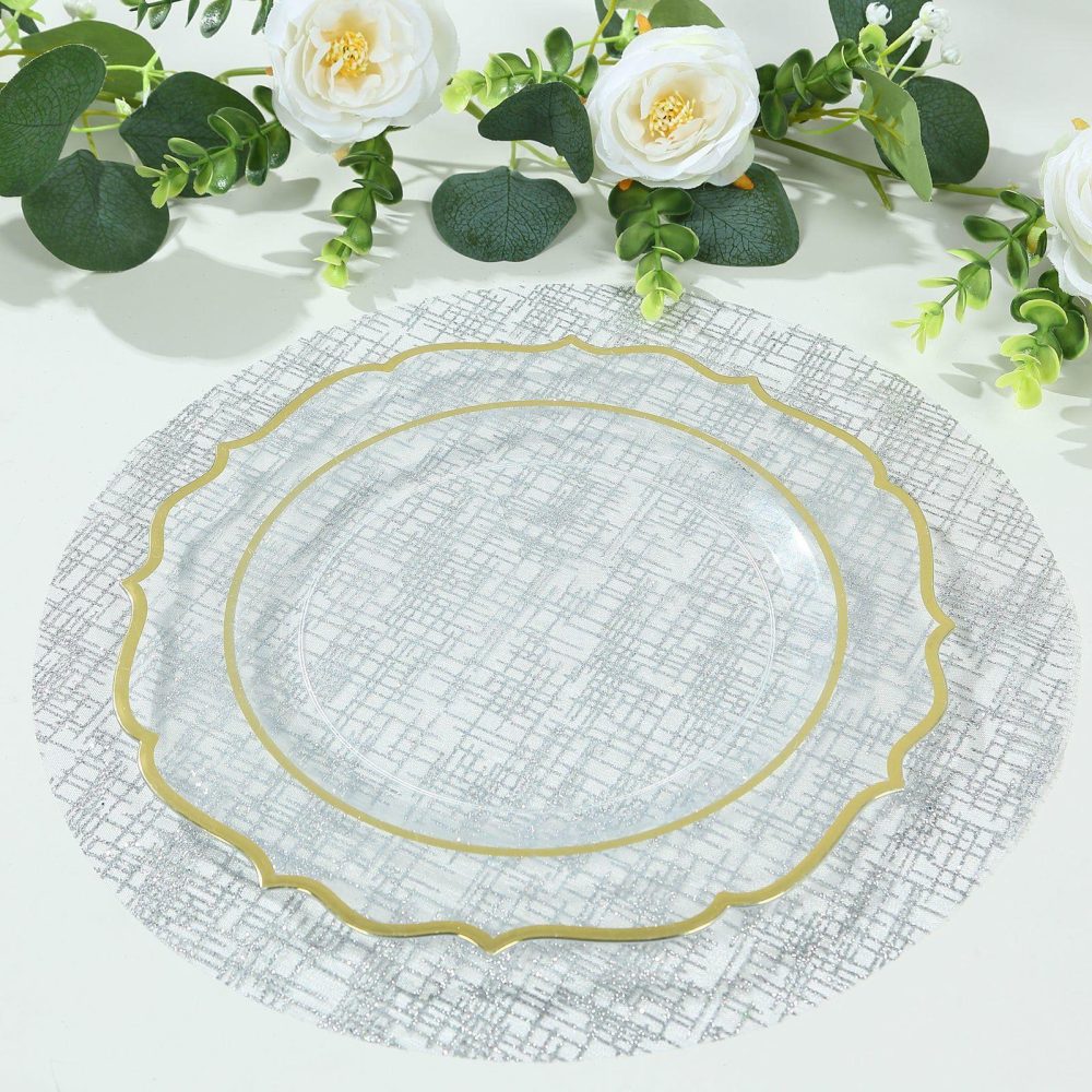 10 Pack Metallic Silver Glitter Mesh Round Placemats, 13″ Polyester Dining Table Mats  |   Reusable Placemats Charger Plates Metallic Silver