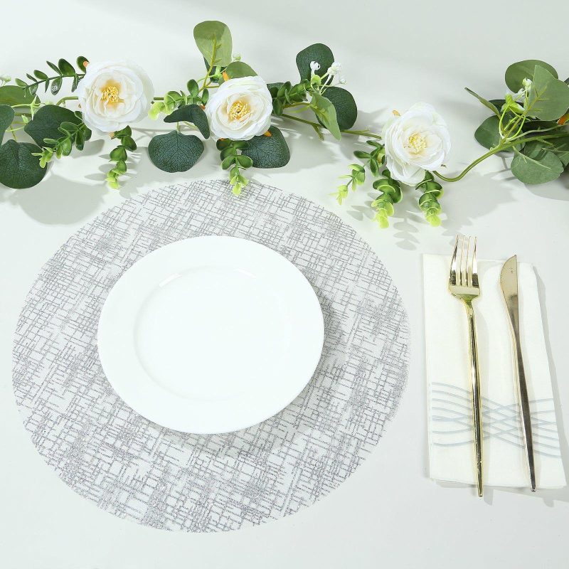 10 Pack Metallic Silver Glitter Mesh Round Placemats, 13″ Polyester Dining Table Mats  |   Reusable Placemats Charger Plates Metallic Silver