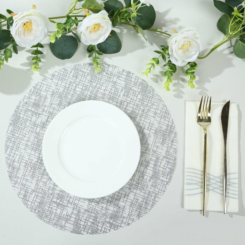 10 Pack Metallic Silver Glitter Mesh Round Placemats, 13″ Polyester Dining Table Mats  |   Reusable Placemats Charger Plates Metallic Silver