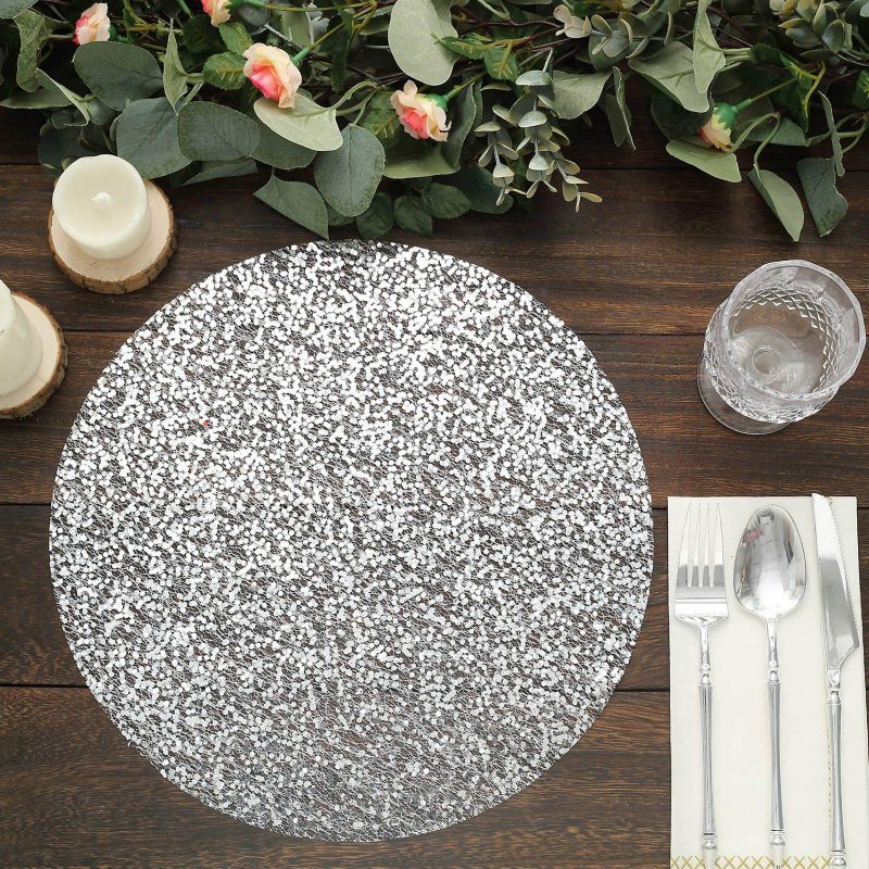 10 Pack Metallic Silver Sequin Mesh Table Placemats, Round Sparkly Dust Free Sequin Dining Mats 13″  |   Reusable Placemats Charger Plates Metallic Silver