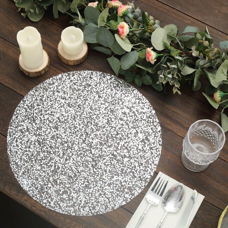 10 Pack Metallic Silver Sequin Mesh Table Placemats, Round Sparkly Dust Free Sequin Dining Mats 13″  |   Reusable Placemats Charger Plates Metallic Silver