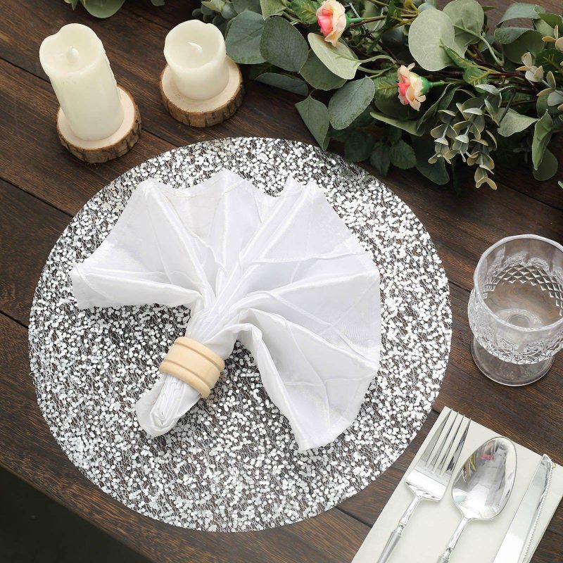 10 Pack Metallic Silver Sequin Mesh Table Placemats, Round Sparkly Dust Free Sequin Dining Mats 13″  |   Reusable Placemats Charger Plates Metallic Silver