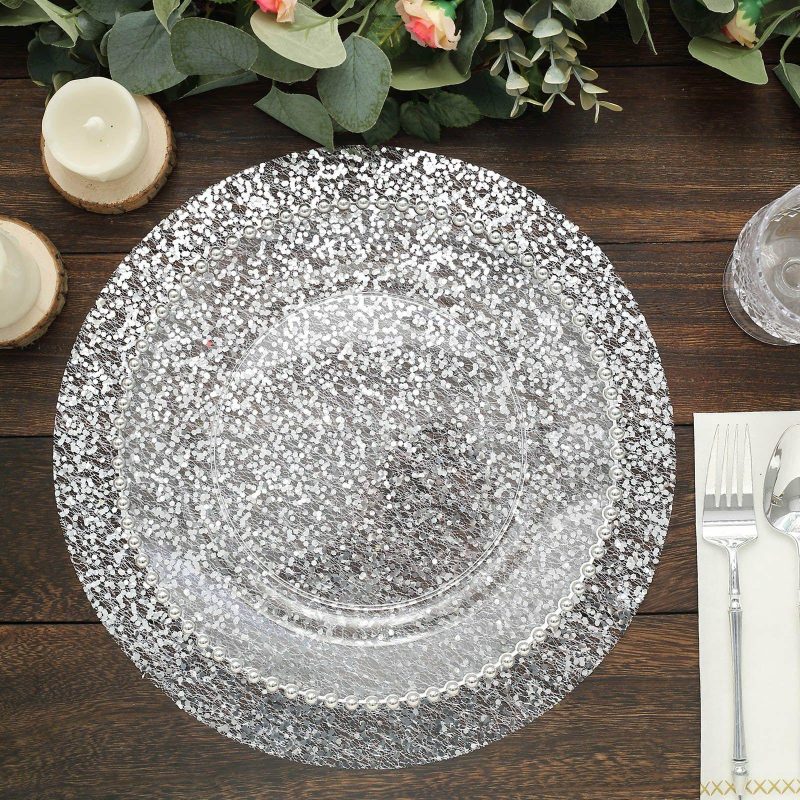 10 Pack Metallic Silver Sequin Mesh Table Placemats, Round Sparkly Dust Free Sequin Dining Mats 13″  |   Reusable Placemats Charger Plates Metallic Silver