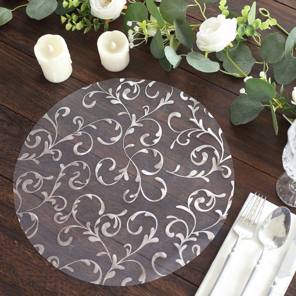 10 Pack Metallic Silver Sheer Organza Round Placemats with Embossed Foil Flower Design, 13″ Disposable Dining Table Mats  |   Reusable Placemats Charger Plates Metallic Silver