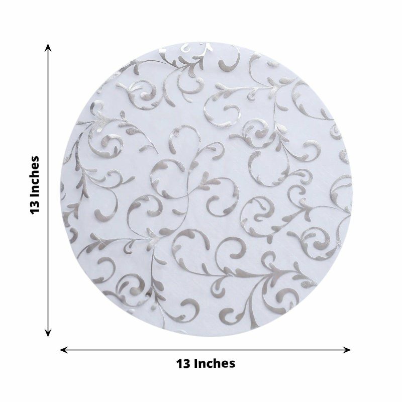 10 Pack Metallic Silver Sheer Organza Round Placemats with Embossed Foil Flower Design, 13″ Disposable Dining Table Mats  |   Reusable Placemats Charger Plates Metallic Silver