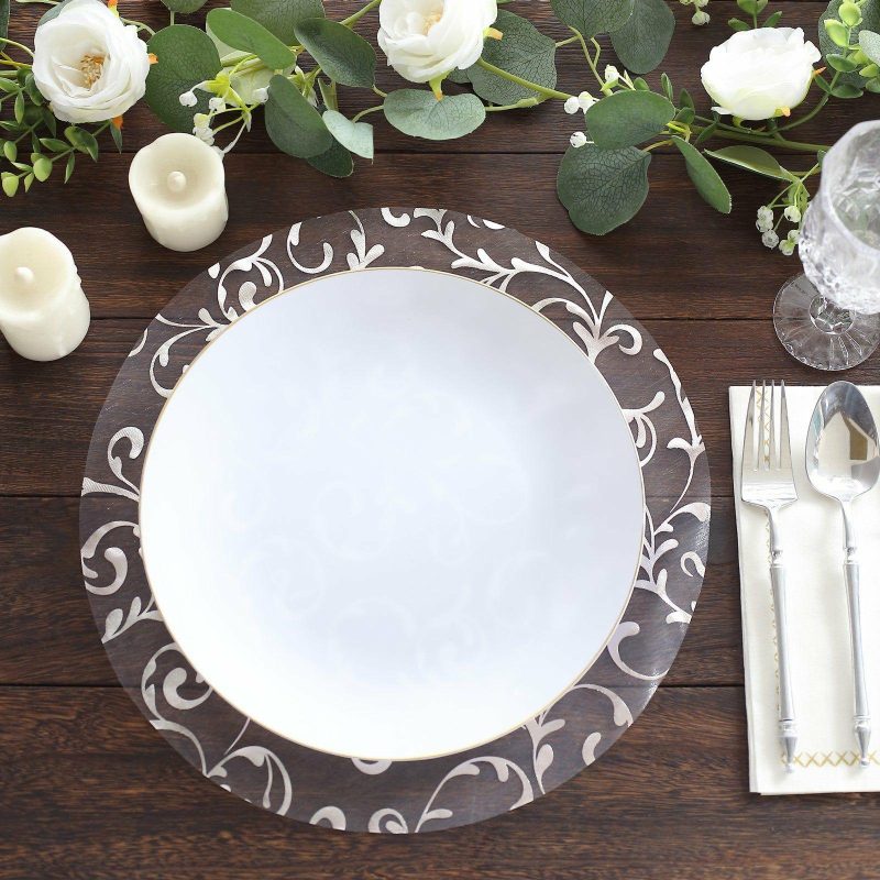 10 Pack Metallic Silver Sheer Organza Round Placemats with Embossed Foil Flower Design, 13″ Disposable Dining Table Mats  |   Reusable Placemats Charger Plates Metallic Silver