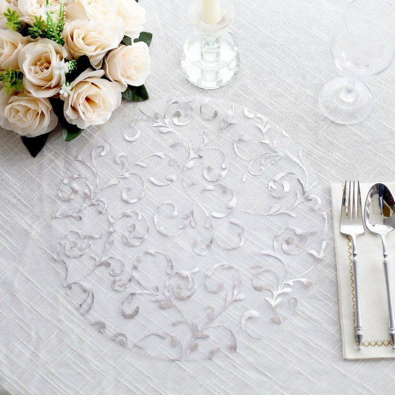 10 Pack Metallic Silver Sheer Organza Round Placemats with Embossed Foil Flower Design, 13″ Disposable Dining Table Mats  |   Reusable Placemats Charger Plates Metallic Silver