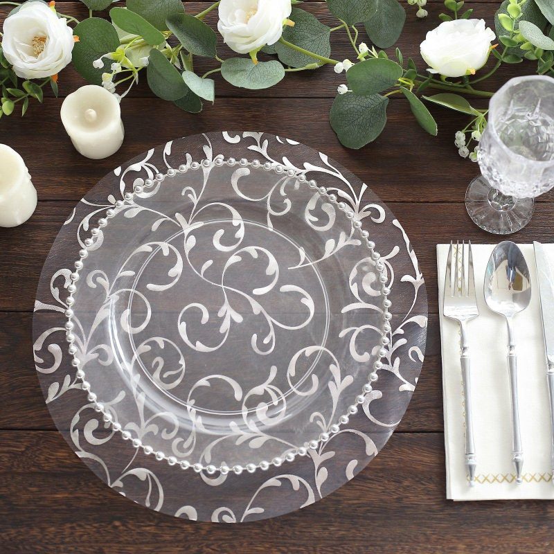 10 Pack Metallic Silver Sheer Organza Round Placemats with Embossed Foil Flower Design, 13″ Disposable Dining Table Mats  |   Reusable Placemats Charger Plates Metallic Silver